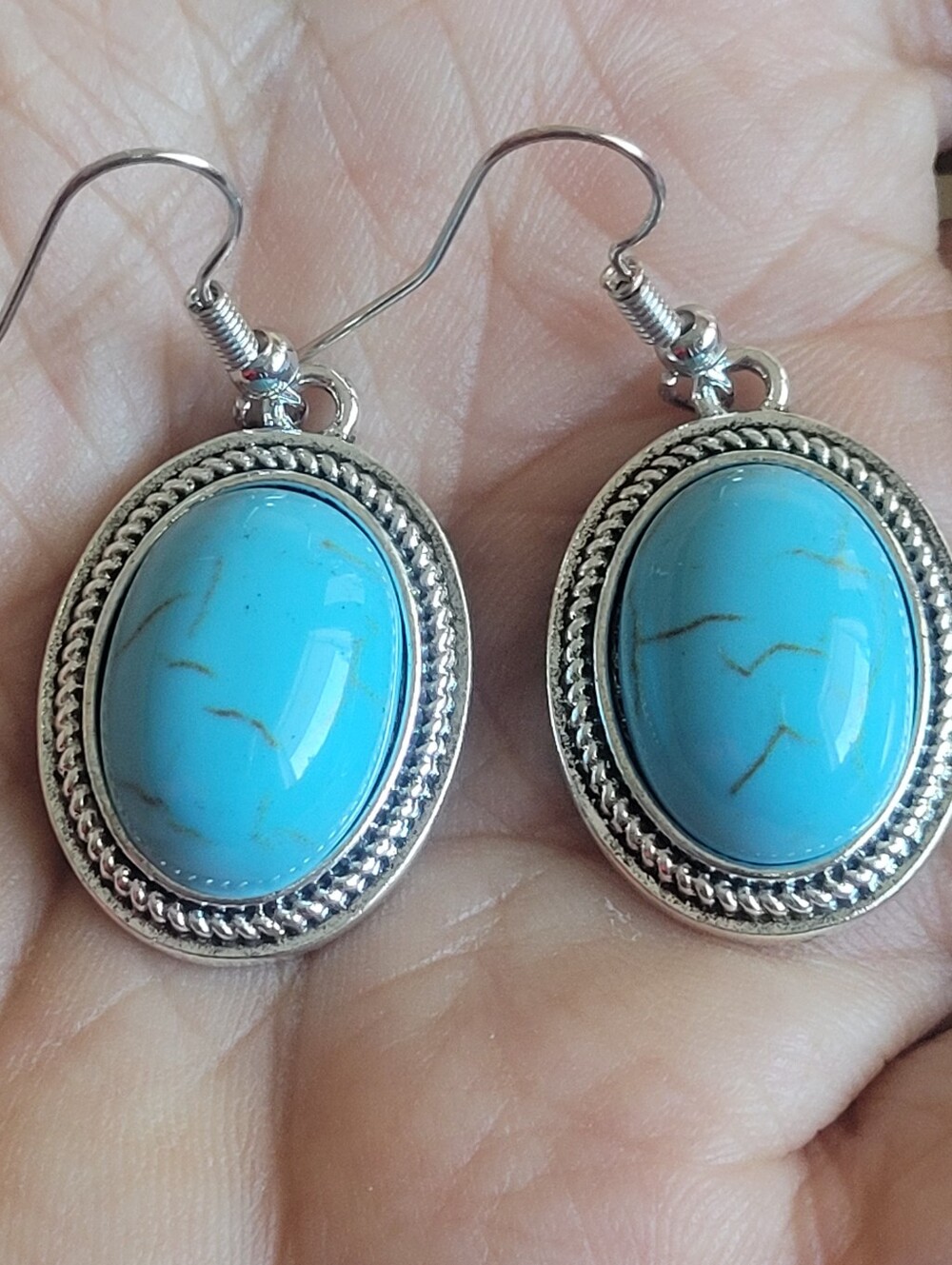 Turquoise Oval Drop Earrings - Silver-Tone Setting